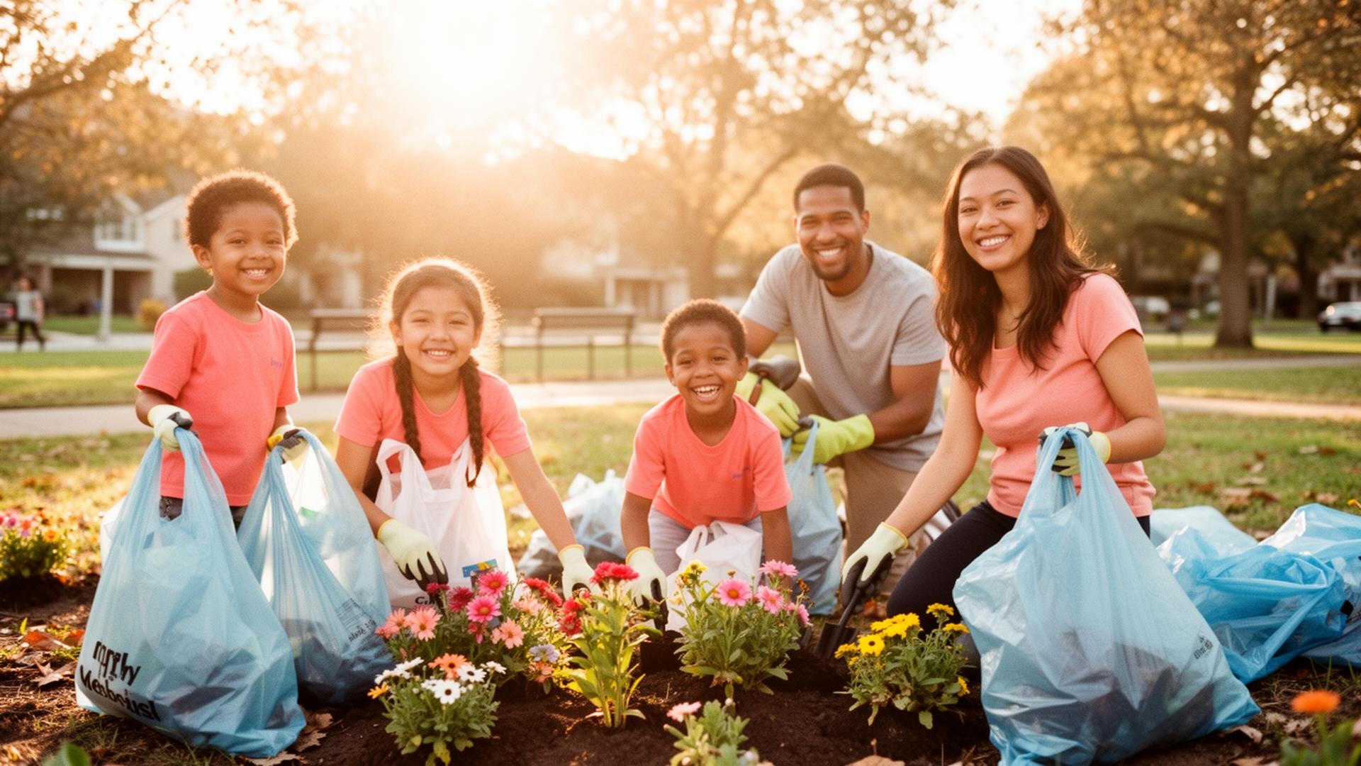 A diverse family with kids smiling at a sunny neighborhood park cleanup